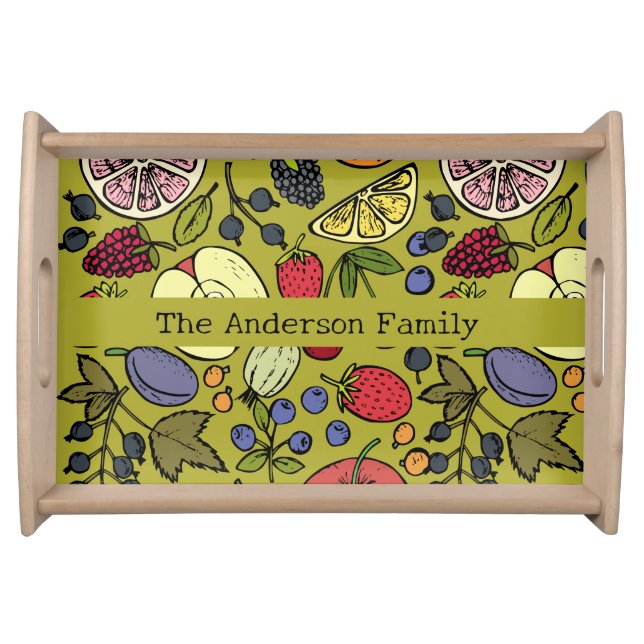 Cute fruit pattern Personalized family name Green  Serving Tray (Front)
