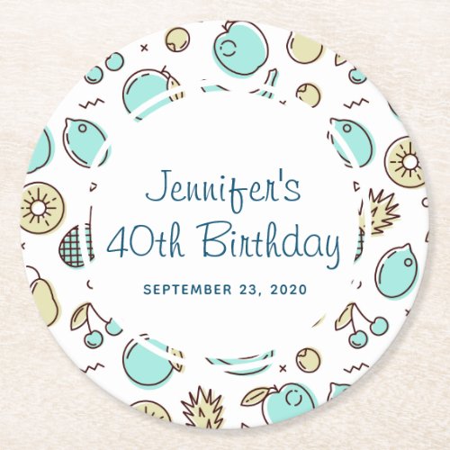 Cute Fruit Pattern Summery Line Drawing Birthday Round Paper Coaster