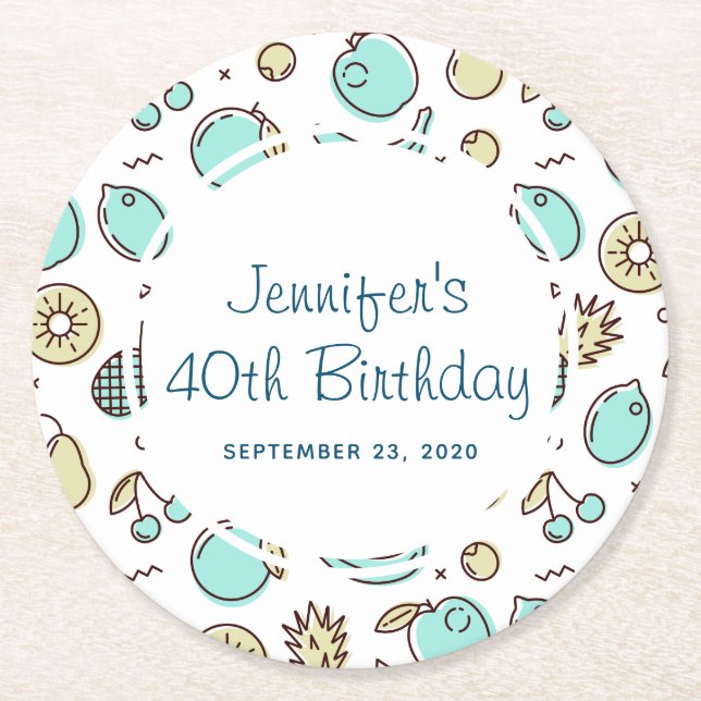 Cute Fruit Pattern Summery Line Drawing Birthday Round Paper Coaster (Front)