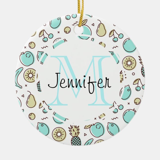 Cute Fruit Pattern Summery Line Drawing Monogram Ceramic Ornament (Front)