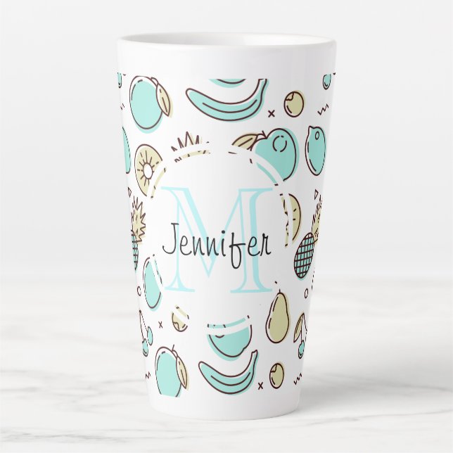 Cute Fruit Pattern Summery Line Drawing Monogram Latte Mug (Front)