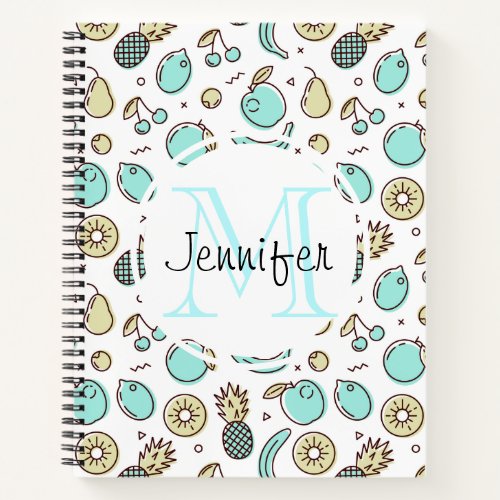 Cute Fruit Pattern Summery Line Drawing Monogram Notebook