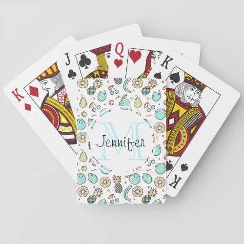 Cute Fruit Pattern Summery Line Drawing Monogram Poker Cards