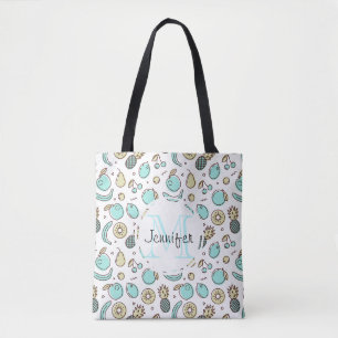 Cute Fruit Pattern Summery Line Drawing Monogram Tote Bag