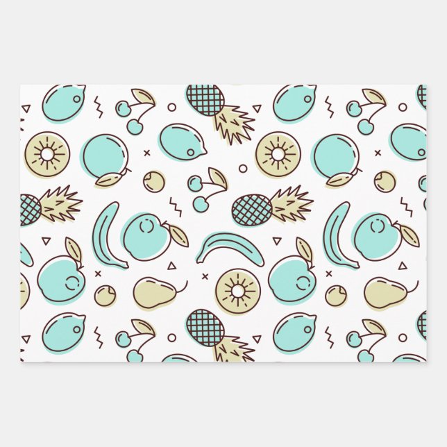Cute Fruit Pattern Summery Line Drawing Wrapping Paper Sheets (Front)
