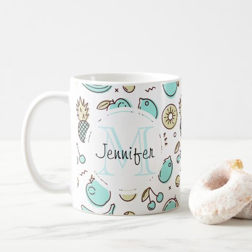 Cute Fruit Pattern Summery Themed Monogram Coffee Mug