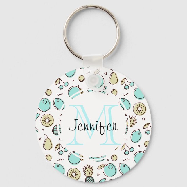 Cute Fruit Pattern Summery Themed Monogram Keychain (Front)