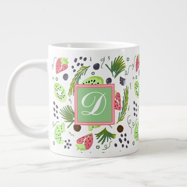 Cute Fruit Salad Kiwi Strawberries Doodle Monogram Giant Coffee Mug (Left)
