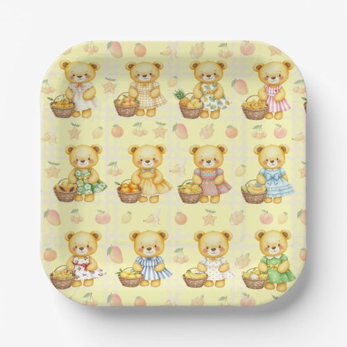 Cute Fruit Teddy Bear and Baskets Paper Plates