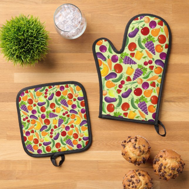 Cute fruit vegetables pattern oven mitt & pot holder set (Top Down)