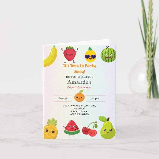 Cute Fruits First 1st Birthday Party Folded Cards (Front)