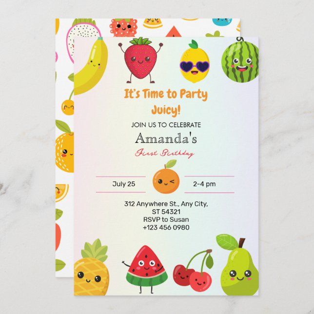 Cute Fruits First 1st Birthday Party Invitation   (Front/Back)