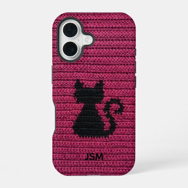 Cute Fuchsia Crochet Cat Custom Initial Monogram   Iphone Case (Back)