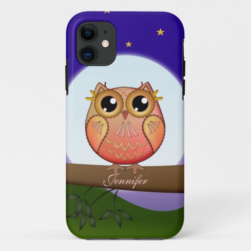 Cute Full Moon Owl  custom Name iPhone 11 Case