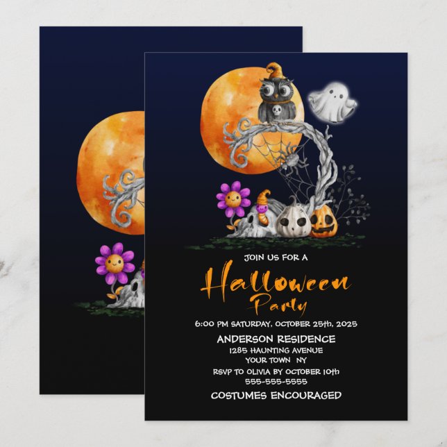 Cute Full Moon Owl Halloween Invitation (Front/Back)
