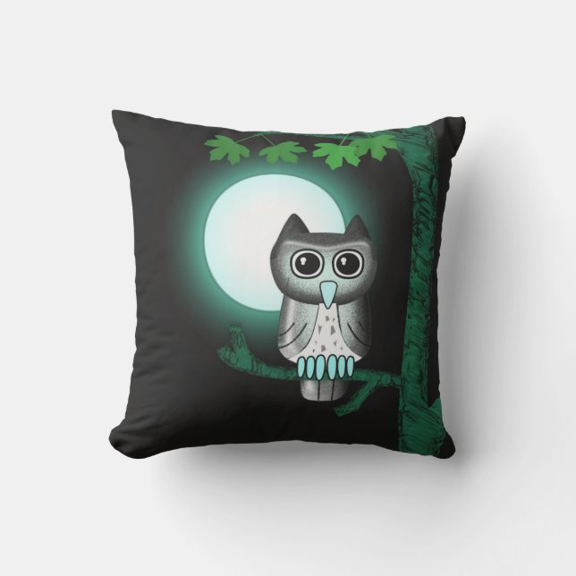 Cute Full Moon Owl Throw Pillow (Front)