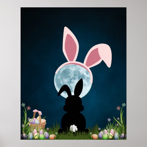 Cute Full Moon with Bunny Ears and Easter Bunny Poster