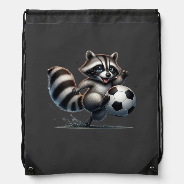 Cute Fun Animal Humor Raccoon Playing Soccer Drawstring Bag (Front)