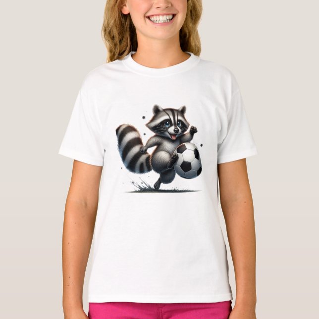 Cute Fun Animal Humor Raccoon Playing Soccer T-Shirt (Front)