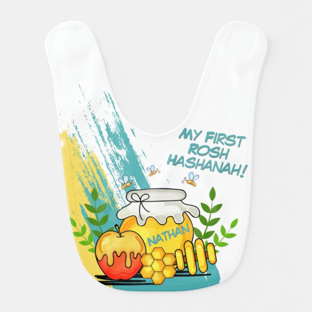Cute Fun Apple Honeybee Toddlers First Rosh Hashan Baby Bib (Front)