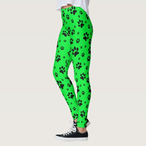 Cute Fun Black on Neon Green Paw Prints Leggings