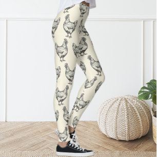 Cute Fun Black Pastel Yellow Sketch Chicken Hen Leggings