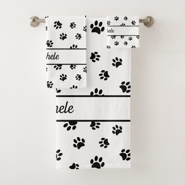 Cute Fun Black Paw Prints Personalized Bath Towel Set (Insitu)