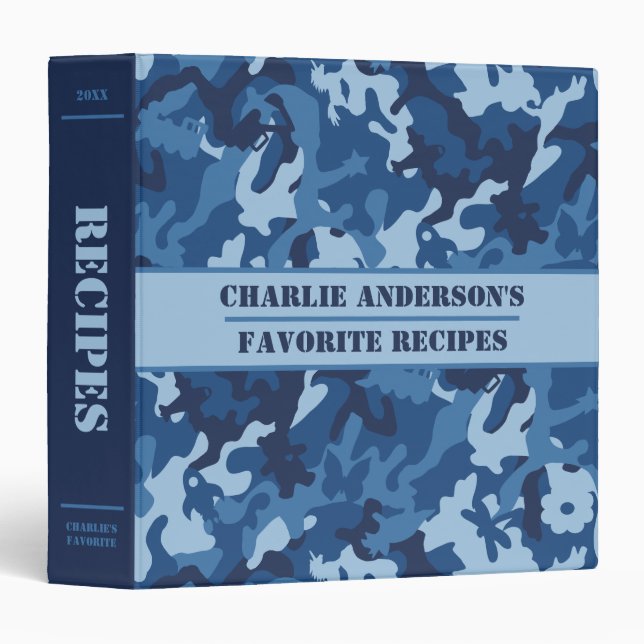 Cute Fun Blue Camo Recipe 3 Ring Binder (Front/Spine)