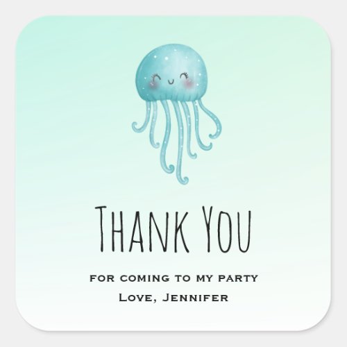 Cute Fun Blue_Green Jellyfish Party Thank You Square Sticker