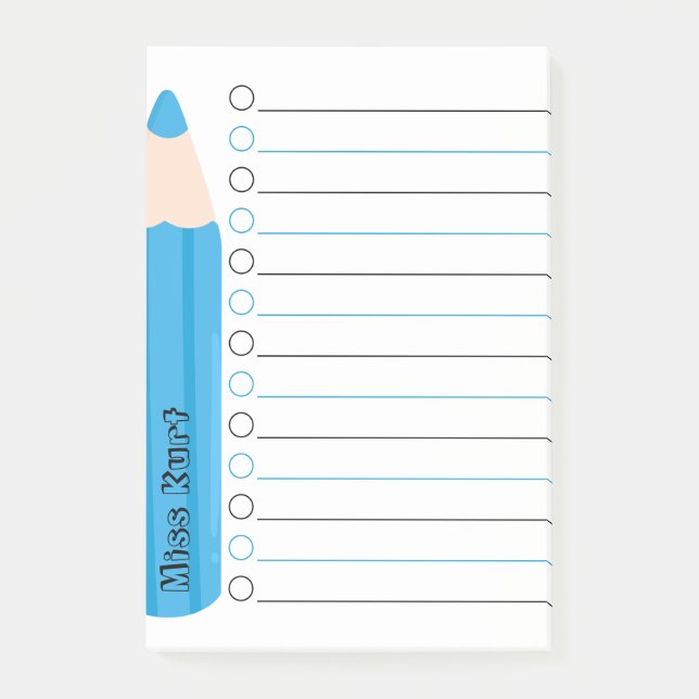 Cute Fun Blue Pencil Lined Personalized Teacher Post-it Notes (Front)