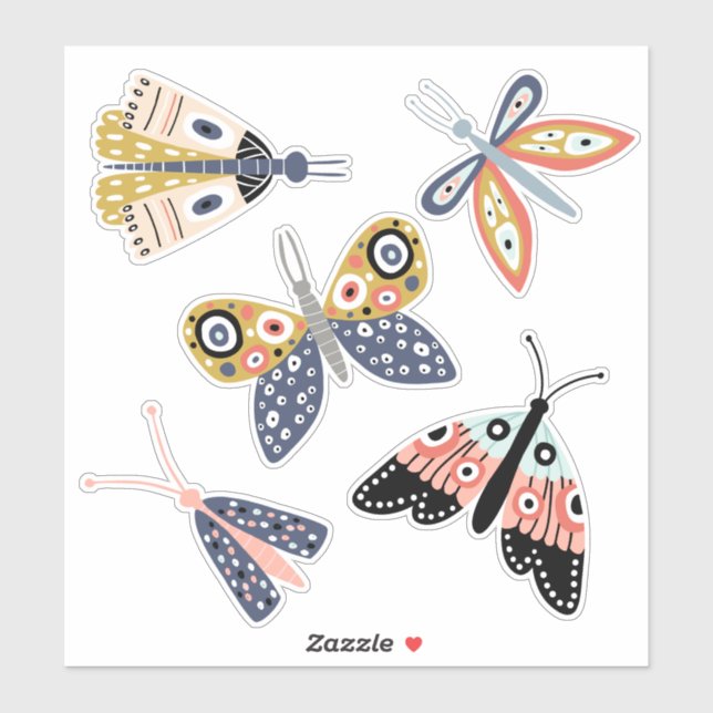 Cute fun blue pink butterfly moth five separate sticker (Sheet)
