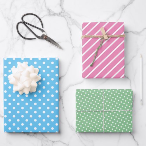 Cute Fun Blue Pink Green Stripes Polkadots Art Wrapping Paper Sheets