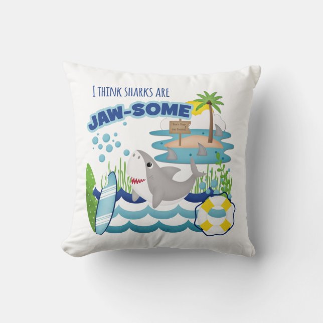 Cute Fun Blue Shark Surfer Beach Island Throw Pillow (Front)