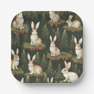 Cute Fun Bunnies On Evergreen Background Paper Plates