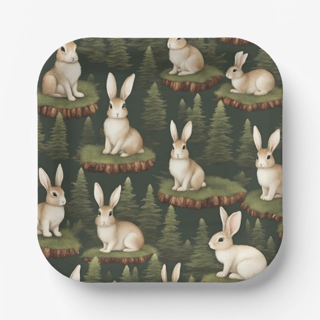 Cute Fun Bunnies On Evergreen Background Paper Plates (Front)