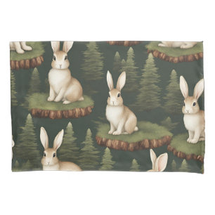 Cute Fun Bunnies On Evergreen Background Pillow Case