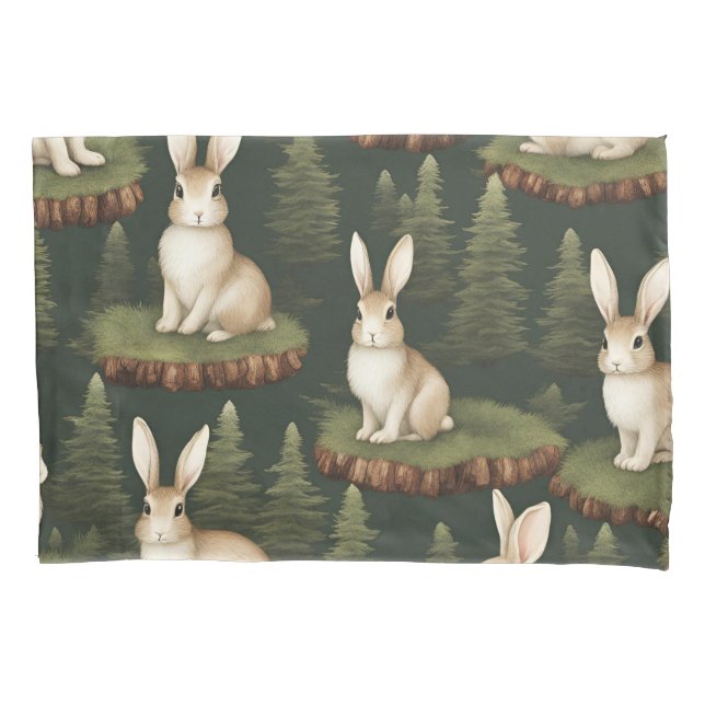 Cute Fun Bunnies On Evergreen Background Pillow Case (Front)