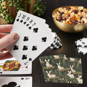 Cute Fun Bunnies On Evergreen Background Poker Cards