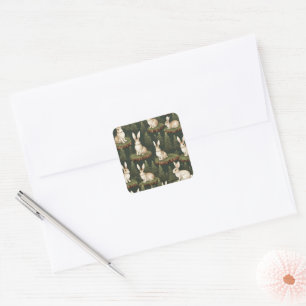 Cute Fun Bunnies On Evergreen Background Square Sticker