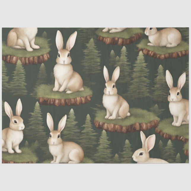 Cute Fun Bunnies On Evergreen Background Tissue Paper (Front)