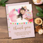 Cute Fun Bunting Flag Kid BIrthday Photo Thank You Card<br><div class="desc">Cute bunting flag birthday photo thank you card for your girl or boy birthday party. Thank your guest for coming to your child`s birthday party! The design has colorful birthday party bunting flags in green, blue and red colors on a blush pink background and a photo - insert your kid`s...</div>