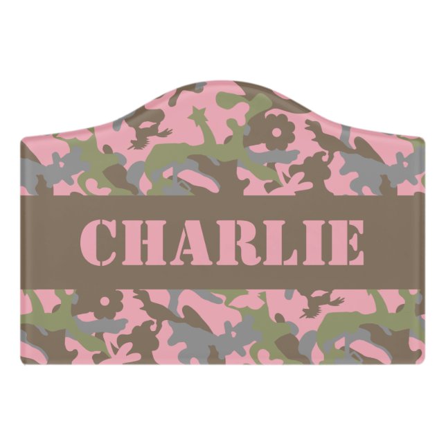 Cute Fun Camo – Woodland Pink Door Sign (Small Crest Front)