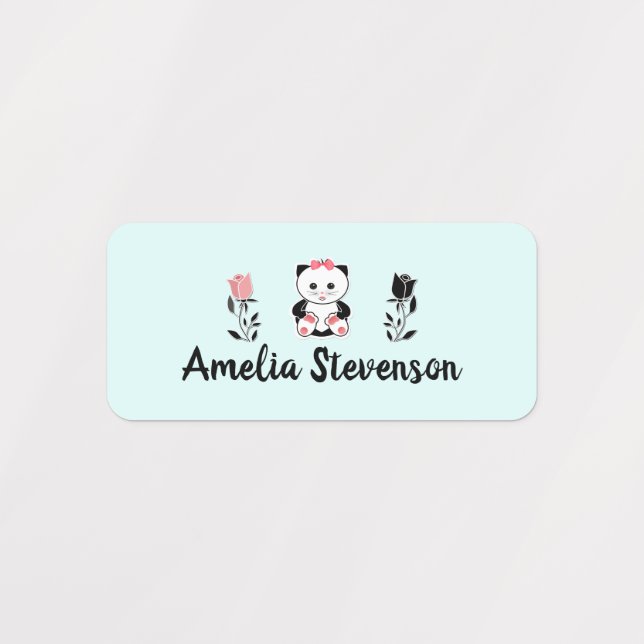 Cute fun cartoon cat kitten flowers personalized b kids' labels (Design 4)