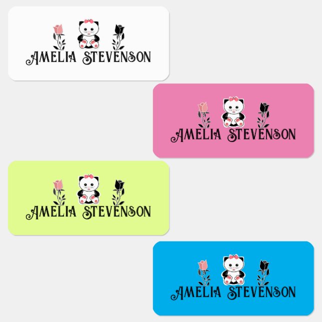 Cute fun cartoon cat kitten flowers personalized b kids' labels (Group)