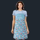 Cute fun cartoon snowman Santa Claus Christmas Apron<br><div class="desc">Cute light blue family matching apron featuring a fun pattern with lovely cartoon snowmen with red and scarfs and red and black hats, and adorable little Santa Clauses, decorated with snowflakes, green and red holly leaves, and red and white candy canes. The caption on the upper part, decorated with a...</div>