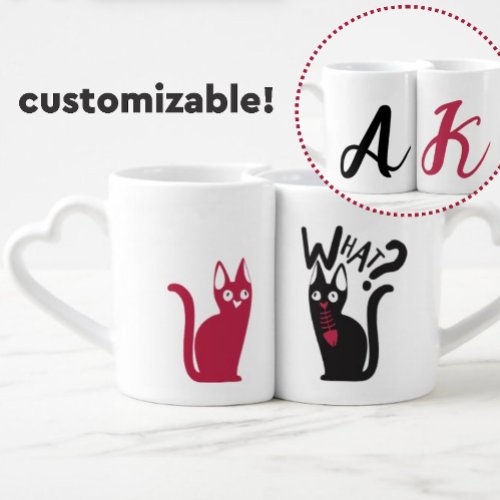 Cute Fun Cat Mom Cat Dad Red And Black Monogram Coffee Mug Set
