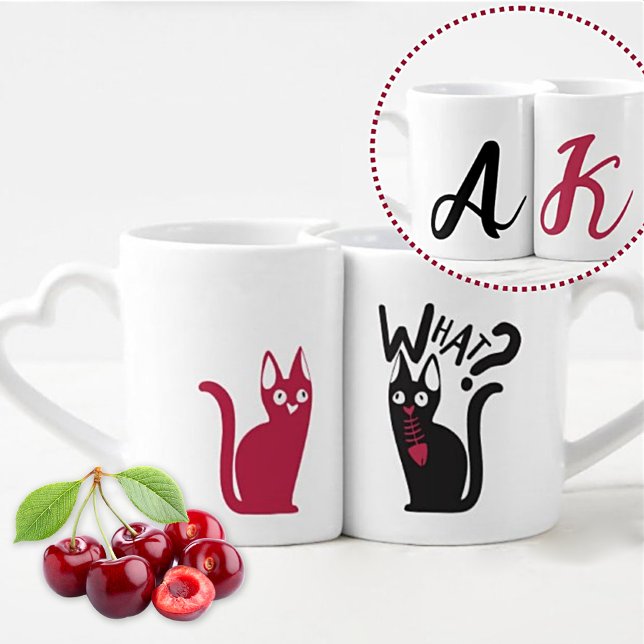 Cute Fun Cat Mom Cat Dad Red Black White Monogram  Coffee Mug Set (Creator Uploaded)