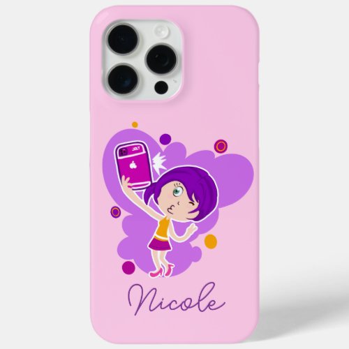 Cute Fun Character Girl Taking Selfie Custom Name iPhone 15 Pro Max Case