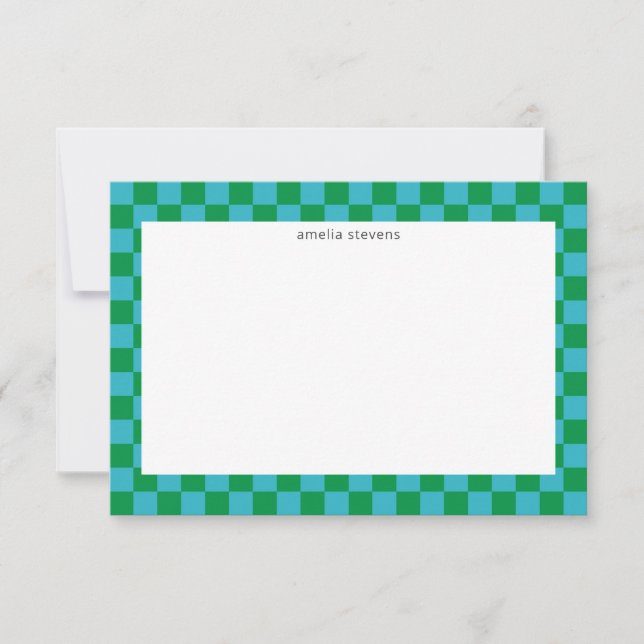 Cute Fun Checkerboard Blue Green Geometric Name Thank You Card (Front)