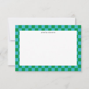 Cute Fun Checkerboard Blue Green Geometric Name Thank You Card